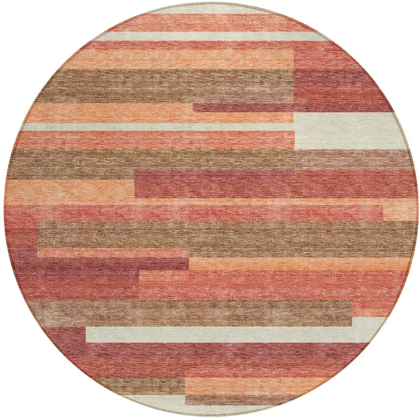 8' Coral Peach And Taupe Round Striped Washable Indoor Outdoor Area Rug Photo 6