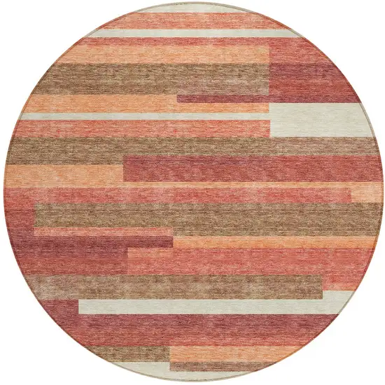 8' Coral Peach And Taupe Round Striped Washable Indoor Outdoor Area Rug Photo 6