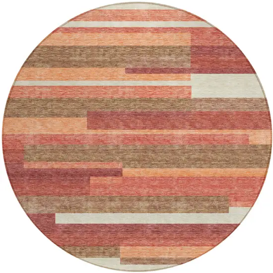 8' Coral Peach And Taupe Round Striped Washable Indoor Outdoor Area Rug Photo 1