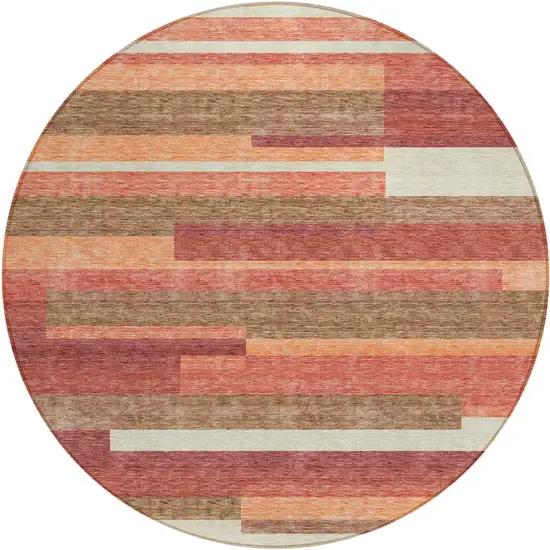 8' Coral Peach And Taupe Round Striped Washable Indoor Outdoor Area Rug Photo 1