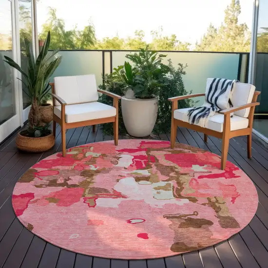 8' Coral Pink And Brown Round Abstract Washable Indoor Outdoor Area Rug Photo 7