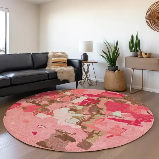 8' Coral Pink And Brown Round Abstract Washable Indoor Outdoor Area Rug Photo 8