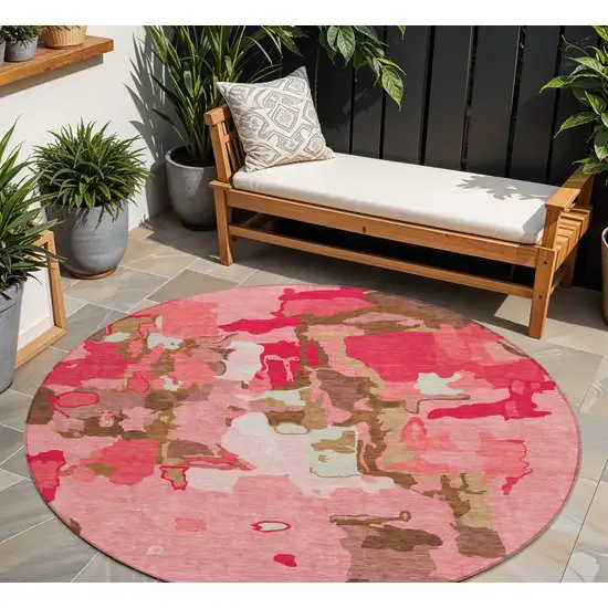 8' Coral Pink And Brown Round Abstract Washable Indoor Outdoor Area Rug Photo 1
