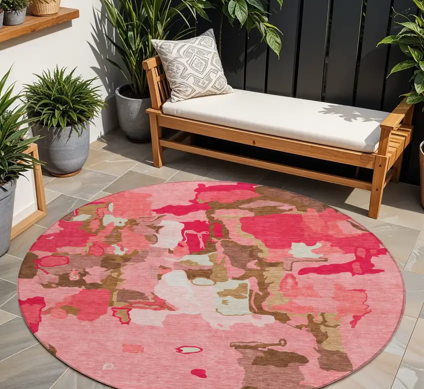 8' Coral Pink And Brown Round Abstract Washable Indoor Outdoor Area Rug Photo 1