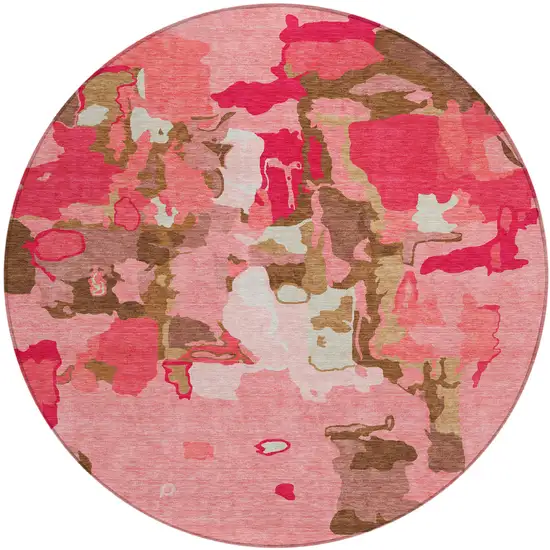 8' Coral Pink And Brown Round Abstract Washable Indoor Outdoor Area Rug Photo 2