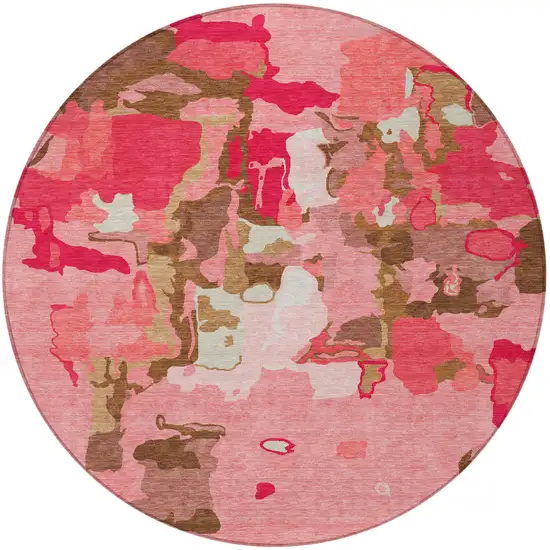 8' Coral Pink And Brown Round Abstract Washable Indoor Outdoor Area Rug Photo 6