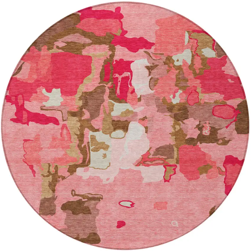8' Coral Pink And Brown Round Abstract Washable Indoor Outdoor Area Rug Photo 6
