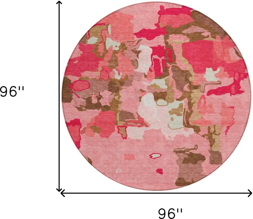 8' Coral Pink And Brown Round Abstract Washable Indoor Outdoor Area Rug Photo 3