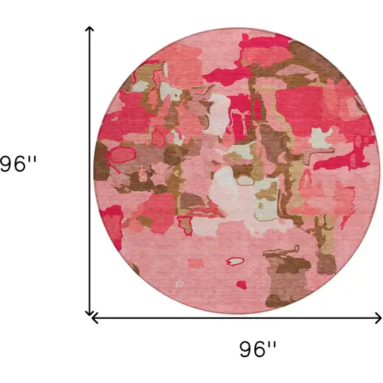 8' Coral Pink And Brown Round Abstract Washable Indoor Outdoor Area Rug Photo 3