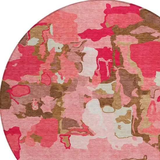 8' Coral Pink And Brown Round Abstract Washable Indoor Outdoor Area Rug Photo 4