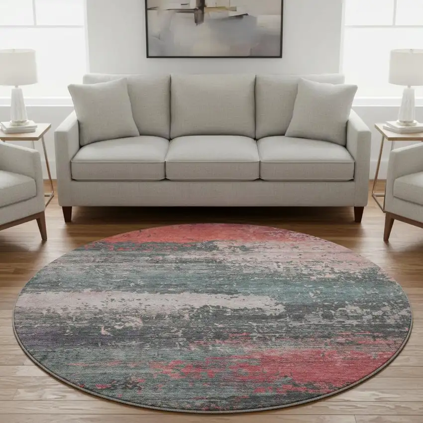 8' Coral Pink And Gray Abstract Washable Round Rug With UV Protection Photo 2