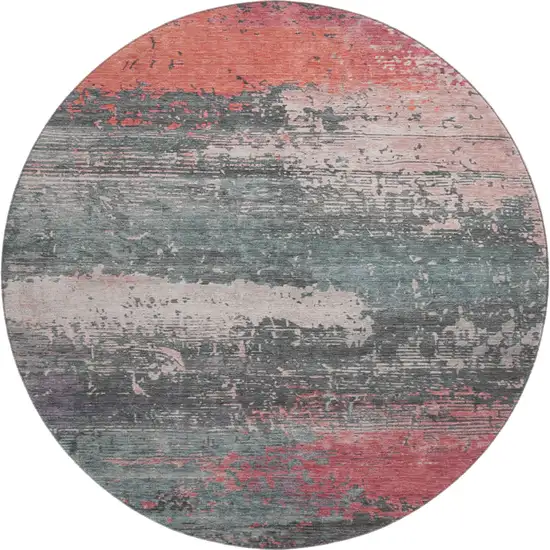 8' Coral Pink And Gray Abstract Washable Round Rug With UV Protection Photo 1