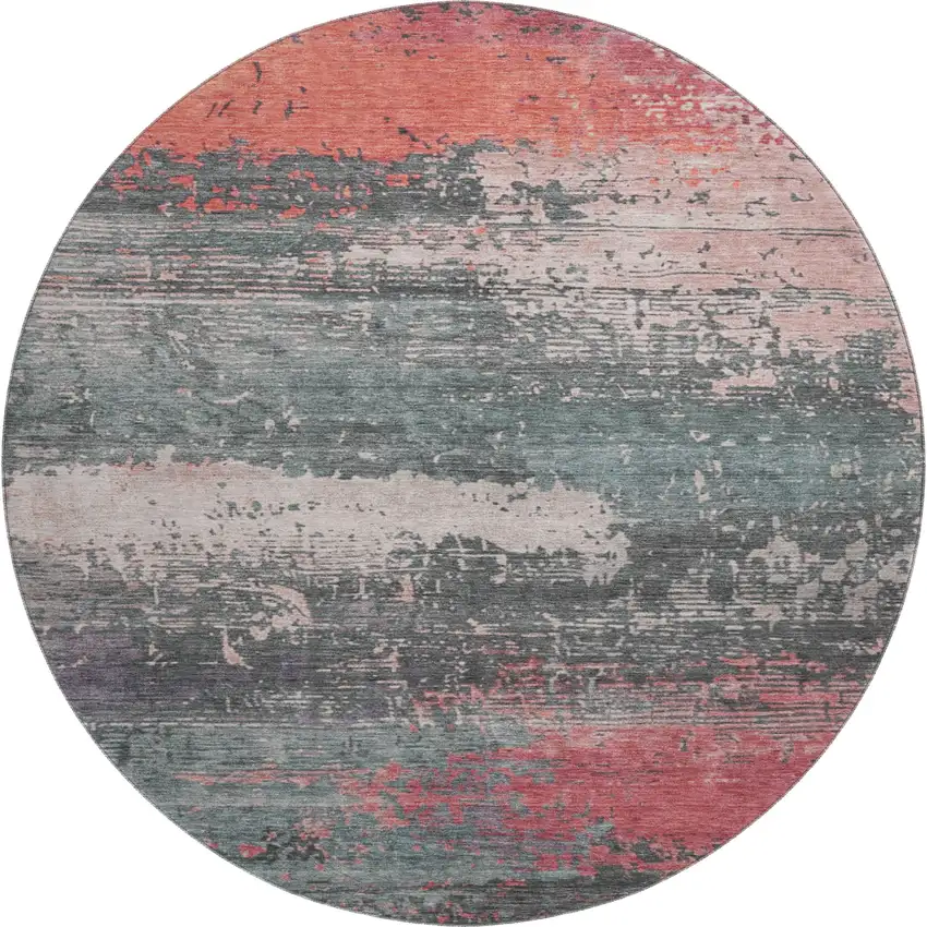 8' Coral Pink And Gray Abstract Washable Round Rug With UV Protection Photo 1