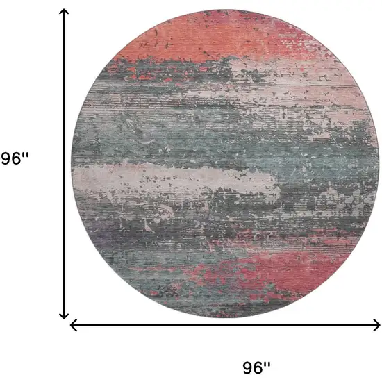 8' Coral Pink And Gray Abstract Washable Round Rug With UV Protection Photo 8