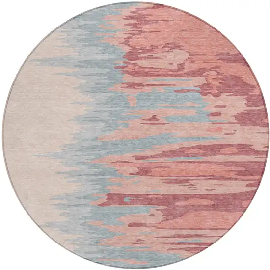 8' Coral Pink And Gray Round Abstract Washable Indoor Outdoor Area Rug Photo 2