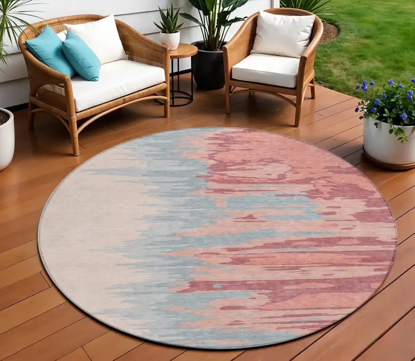 8' Coral Pink And Gray Round Abstract Washable Indoor Outdoor Area Rug Photo 1