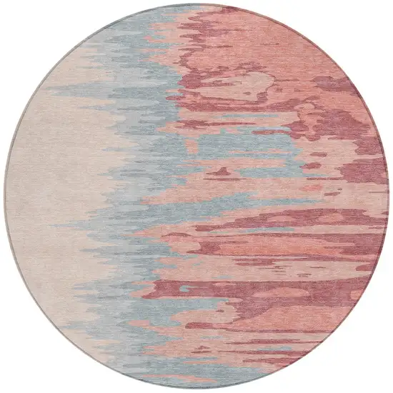 8' Coral Pink And Gray Round Abstract Washable Indoor Outdoor Area Rug Photo 6