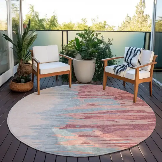 8' Coral Pink And Gray Round Abstract Washable Indoor Outdoor Area Rug Photo 8