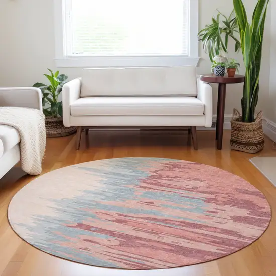 8' Coral Pink And Gray Round Abstract Washable Indoor Outdoor Area Rug Photo 9