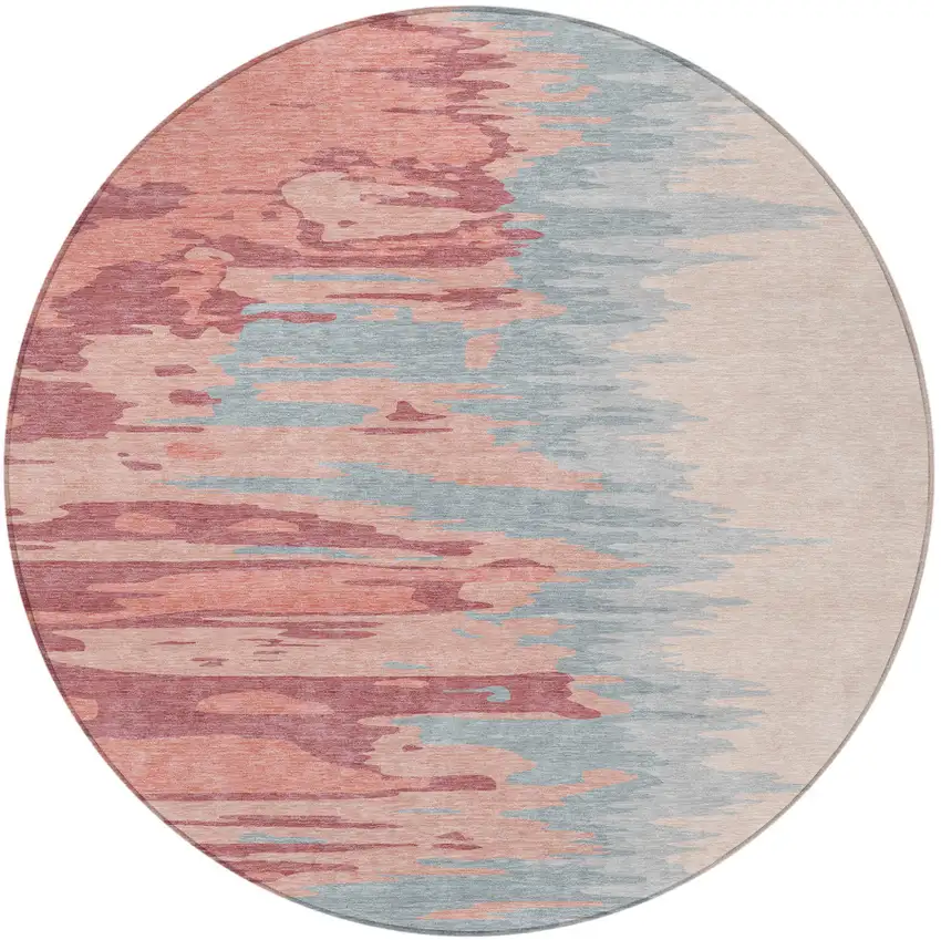 8' Coral Pink And Gray Round Abstract Washable Indoor Outdoor Area Rug Photo 7