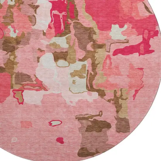 8' Coral Pink And Ivory Abstract Washable Round Rug With UV Protection Photo 3