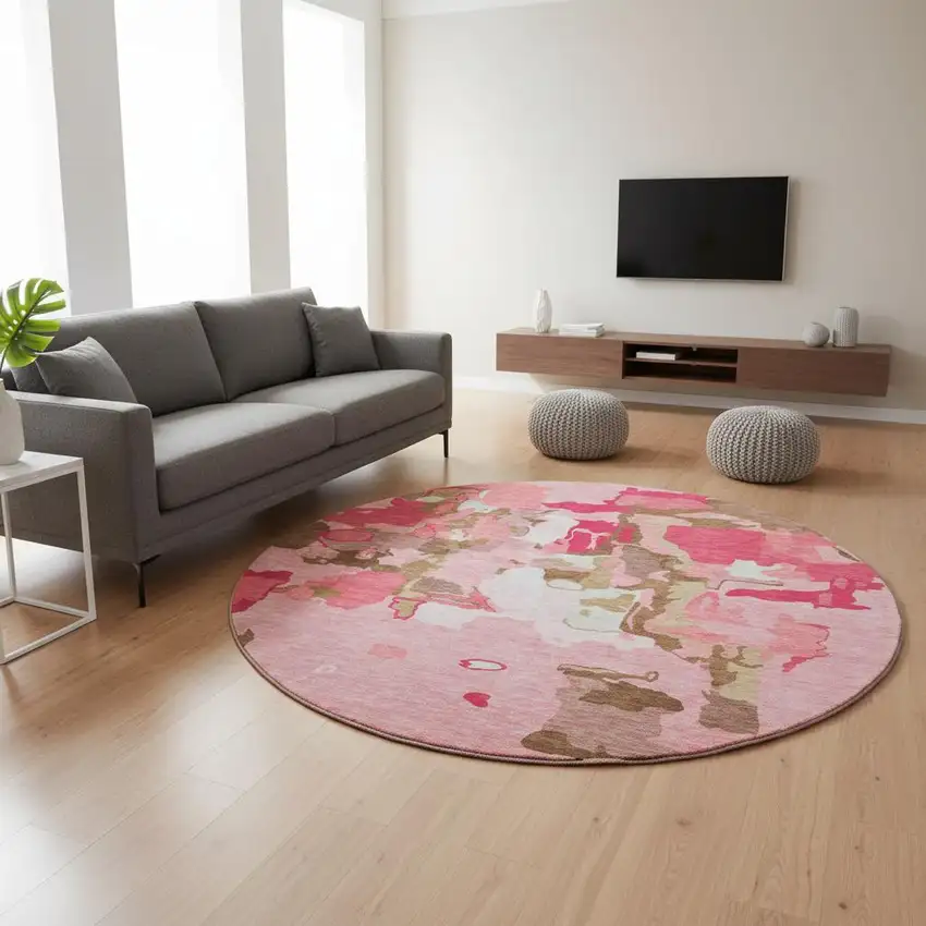 8' Coral Pink And Ivory Abstract Washable Round Rug With UV Protection Photo 2