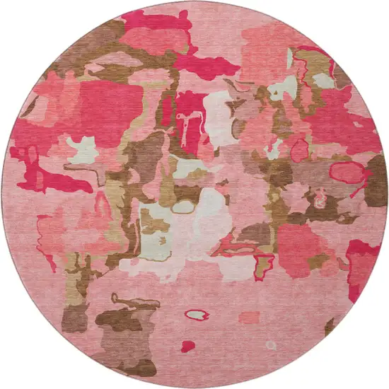 8' Coral Pink And Ivory Abstract Washable Round Rug With UV Protection Photo 3