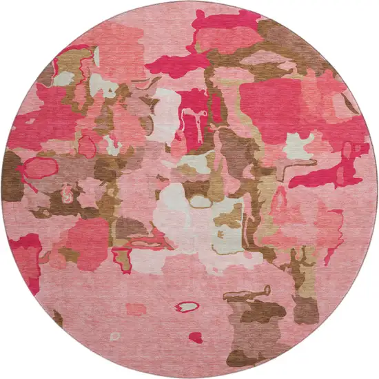 8' Coral Pink And Ivory Abstract Washable Round Rug With UV Protection Photo 1