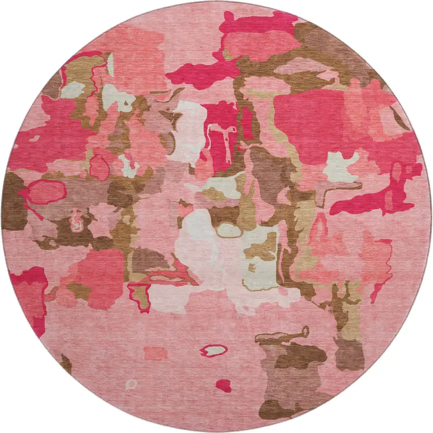 8' Coral Pink And Ivory Abstract Washable Round Rug With UV Protection Photo 1