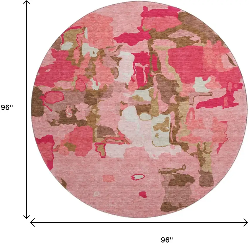 8' Coral Pink And Ivory Abstract Washable Round Rug With UV Protection Photo 9