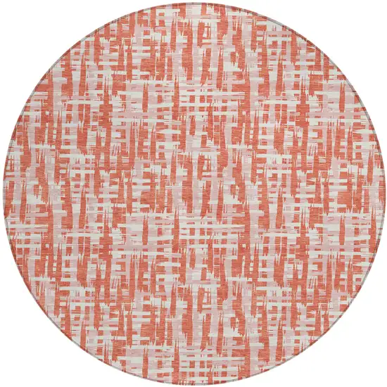 8' Coral Pink And Ivory Round Abstract Washable Indoor Outdoor Area Rug Photo 2