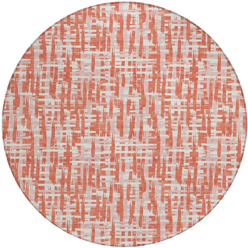 8' Coral Pink And Ivory Round Abstract Washable Indoor Outdoor Area Rug Photo 2