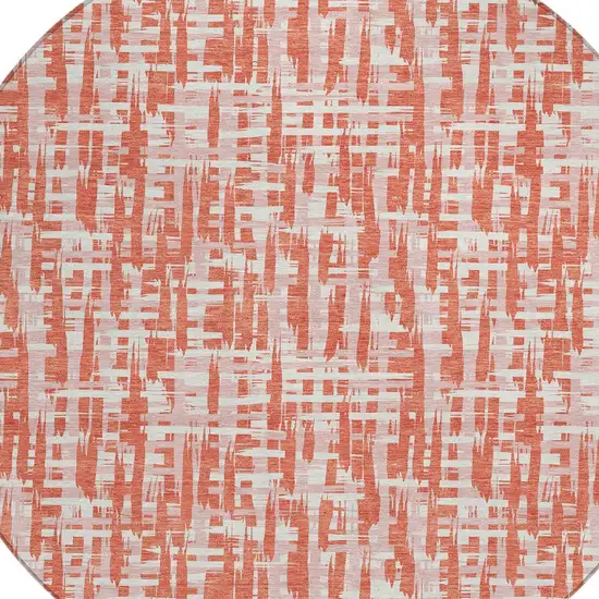 8' Coral Pink And Ivory Round Abstract Washable Indoor Outdoor Area Rug Photo 6