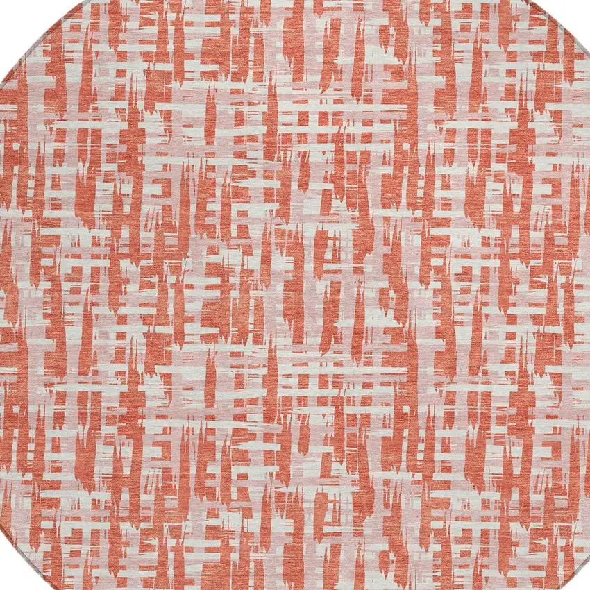 8' Coral Pink And Ivory Round Abstract Washable Indoor Outdoor Area Rug Photo 6