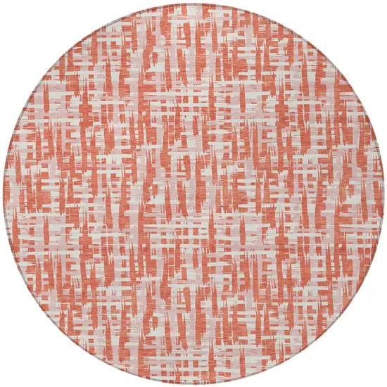 8' Coral Pink And Ivory Round Abstract Washable Indoor Outdoor Area Rug Photo 7