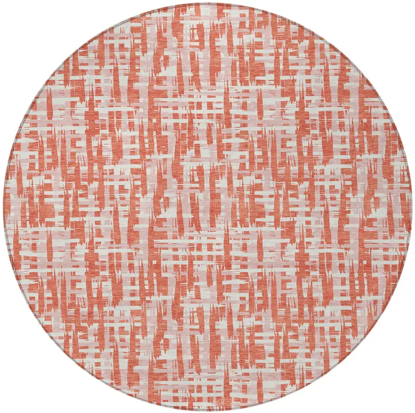 8' Coral Pink And Ivory Round Abstract Washable Indoor Outdoor Area Rug Photo 7