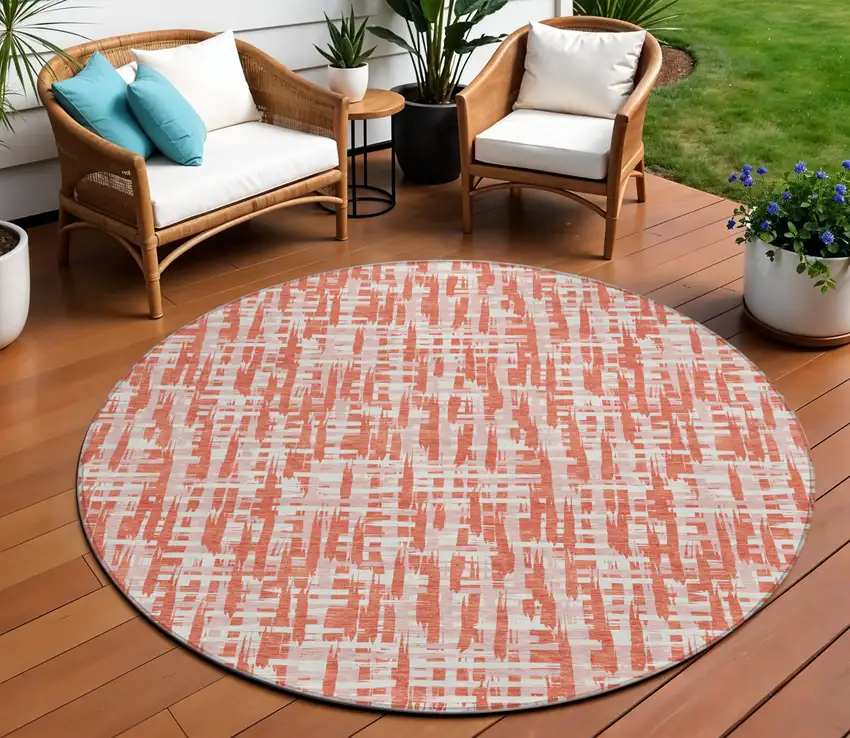 8' Coral Pink And Ivory Round Abstract Washable Indoor Outdoor Area Rug Photo 1