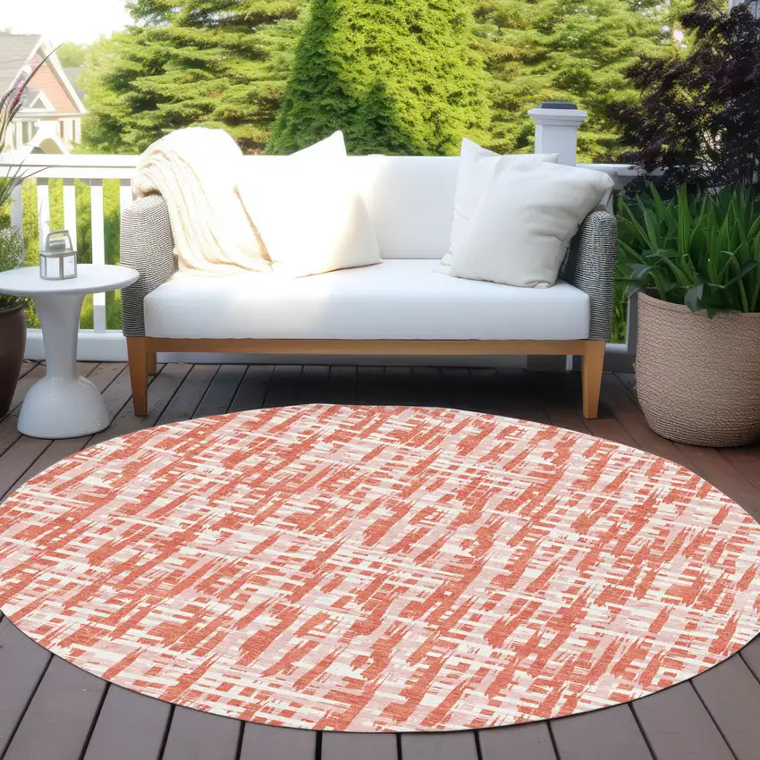8' Coral Pink And Ivory Round Abstract Washable Indoor Outdoor Area Rug Photo 8