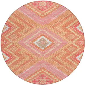 Photo of 8' Coral Pink And Ivory Round Tribal Washable Indoor Outdoor Area Rug