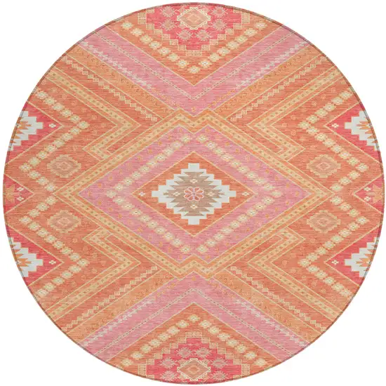 8' Coral Pink And Ivory Round Tribal Washable Indoor Outdoor Area Rug Photo 2