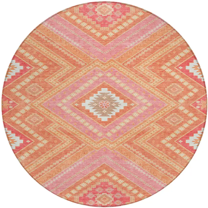 8' Coral Pink And Ivory Round Tribal Washable Indoor Outdoor Area Rug Photo 2
