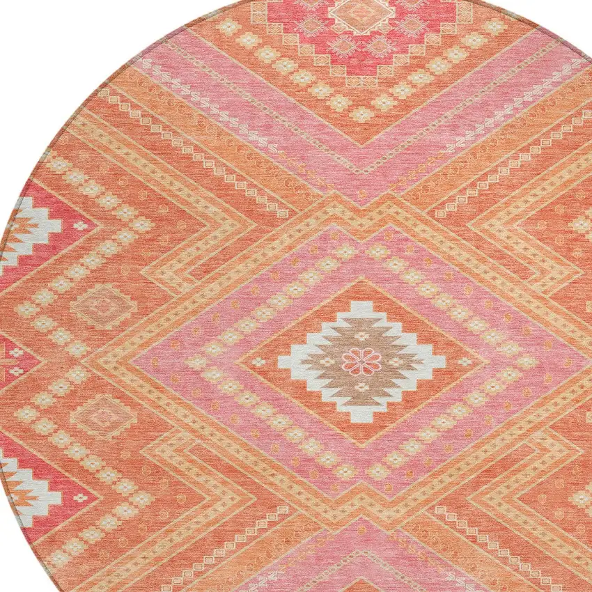 8' Coral Pink And Ivory Round Tribal Washable Indoor Outdoor Area Rug Photo 4
