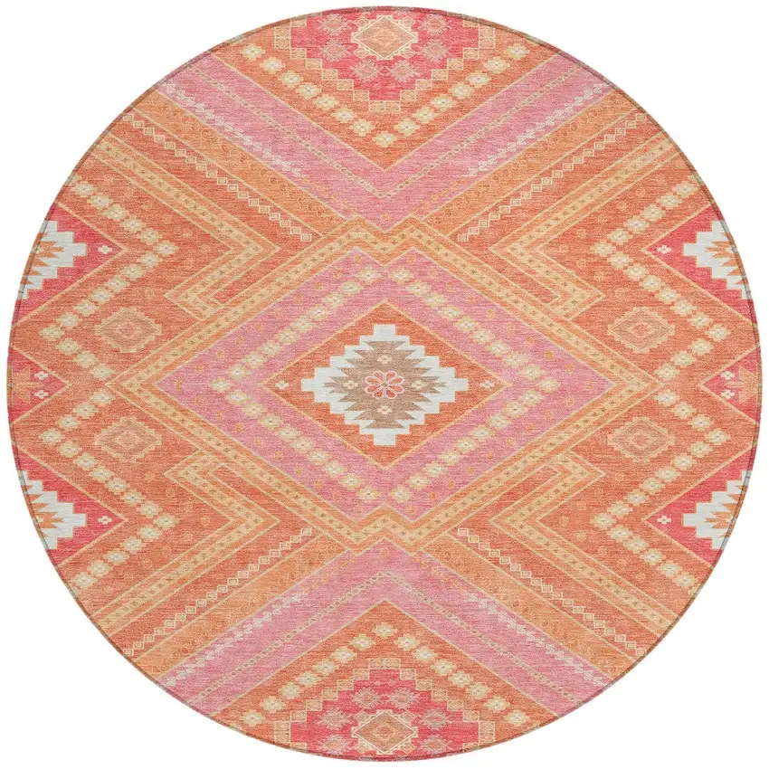 8' Coral Pink And Ivory Round Tribal Washable Indoor Outdoor Area Rug Photo 6
