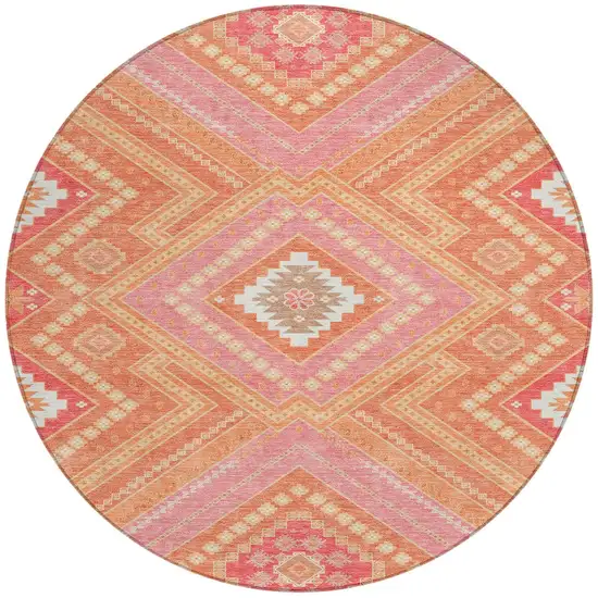 8' Coral Pink And Ivory Round Tribal Washable Indoor Outdoor Area Rug Photo 6