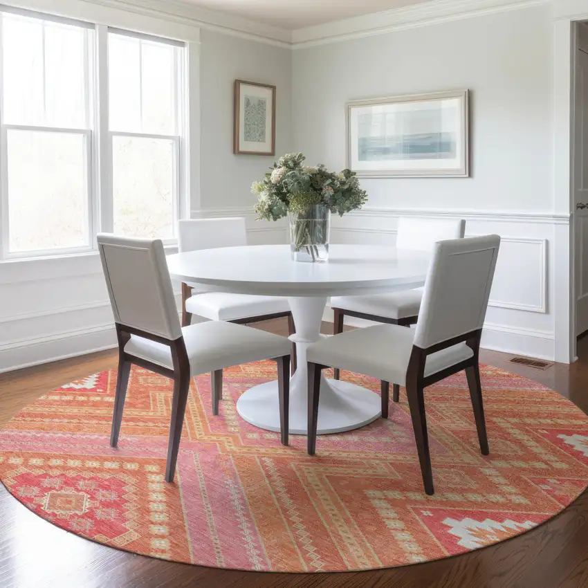 8' Coral Pink And Ivory Round Tribal Washable Indoor Outdoor Area Rug Photo 8