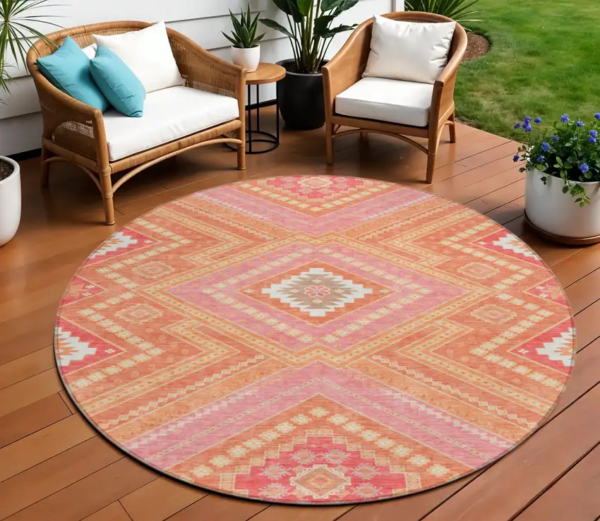 8' Coral Pink And Ivory Round Tribal Washable Indoor Outdoor Area Rug Photo 1