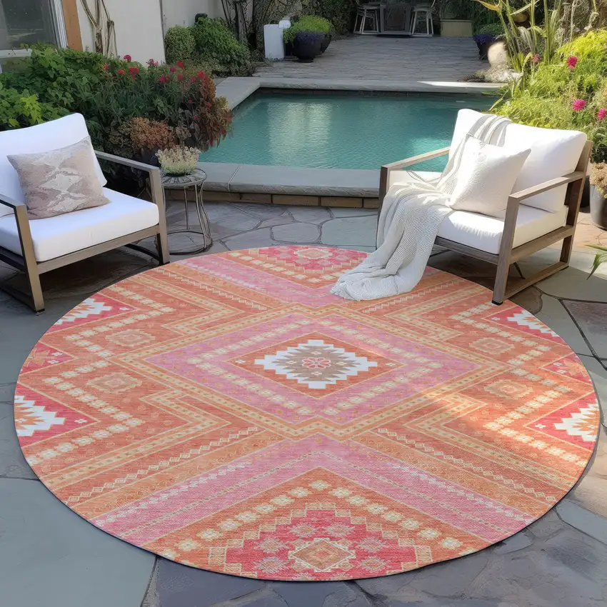 8' Coral Pink And Ivory Round Tribal Washable Indoor Outdoor Area Rug Photo 7