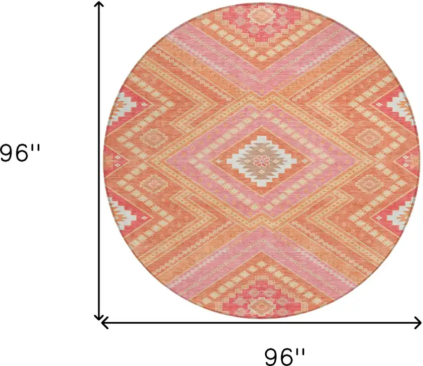 8' Coral Pink And Ivory Round Tribal Washable Indoor Outdoor Area Rug Photo 3