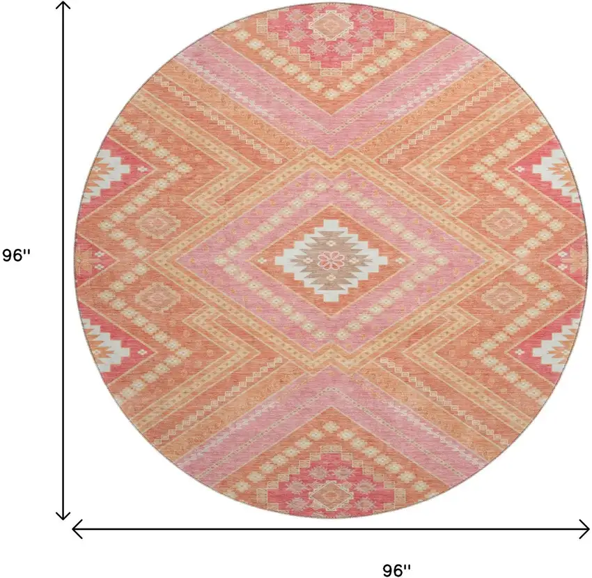 8' Coral Pink And Ivory Tribal Washable Round Rug With UV Protection Photo 9