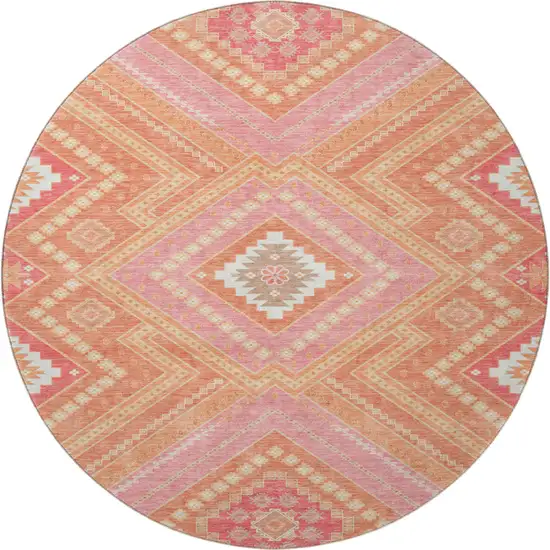 8' Coral Pink And Ivory Tribal Washable Round Rug With UV Protection Photo 3